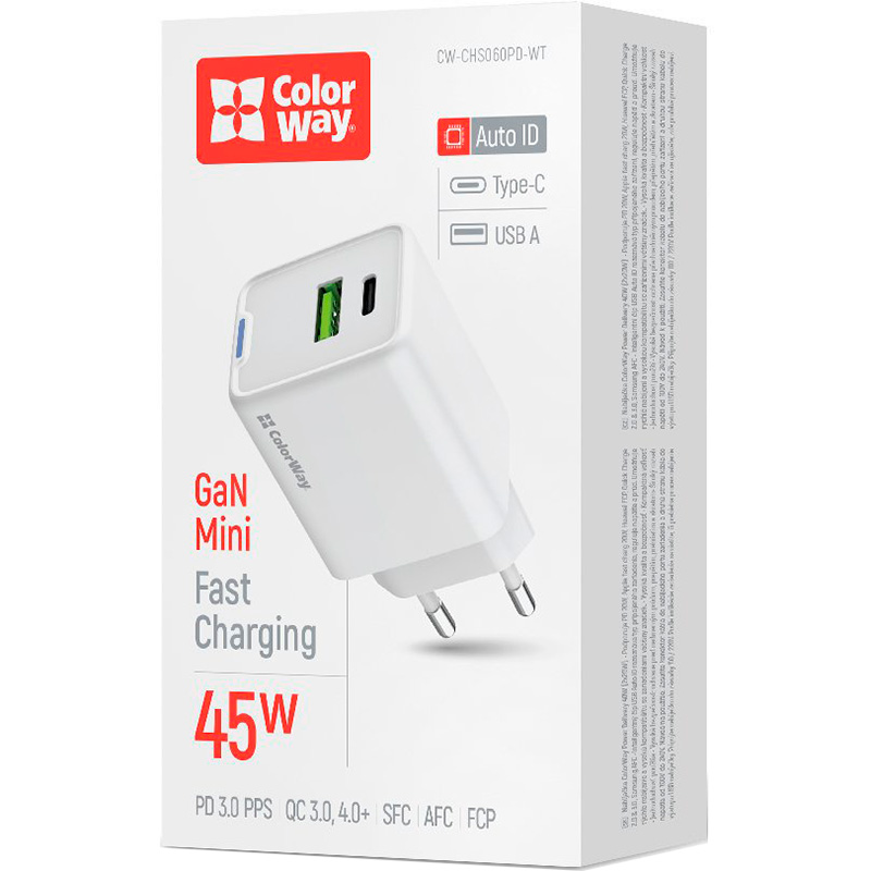 Зарядное устройство COLORWAY GaN Mini 45W 1xUSB-A, 1xUSB-C Fast Charging White (CW-CHS060PD-WT)