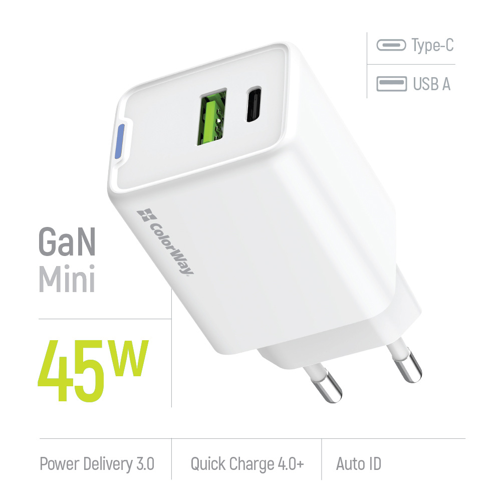 Зарядное устройство COLORWAY GaN Mini 45W 1xUSB-A, 1xUSB-C Fast Charging White (CW-CHS060PD-WT)