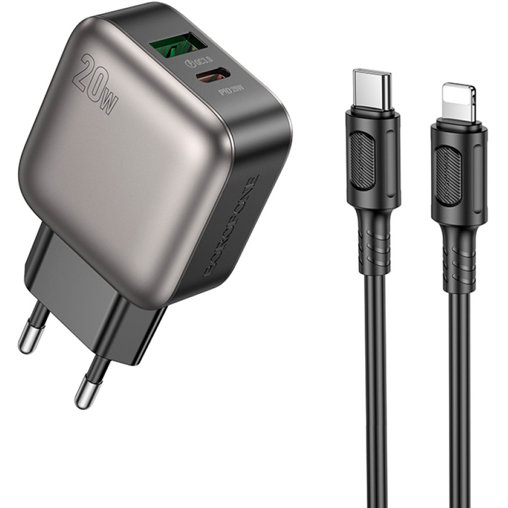 Зарядное устройство BOROFONE BAS54A Absolute 1xUSB-C, 1xUSB-A, PD20W, QC3.0 Black w/Type-C to Lightning cable