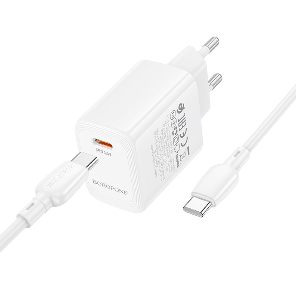 Зарядний пристрій BOROFONE BN28 Fuente GaN 1xUSB-C, PD30W, QC3.0 White w/Type-C cable