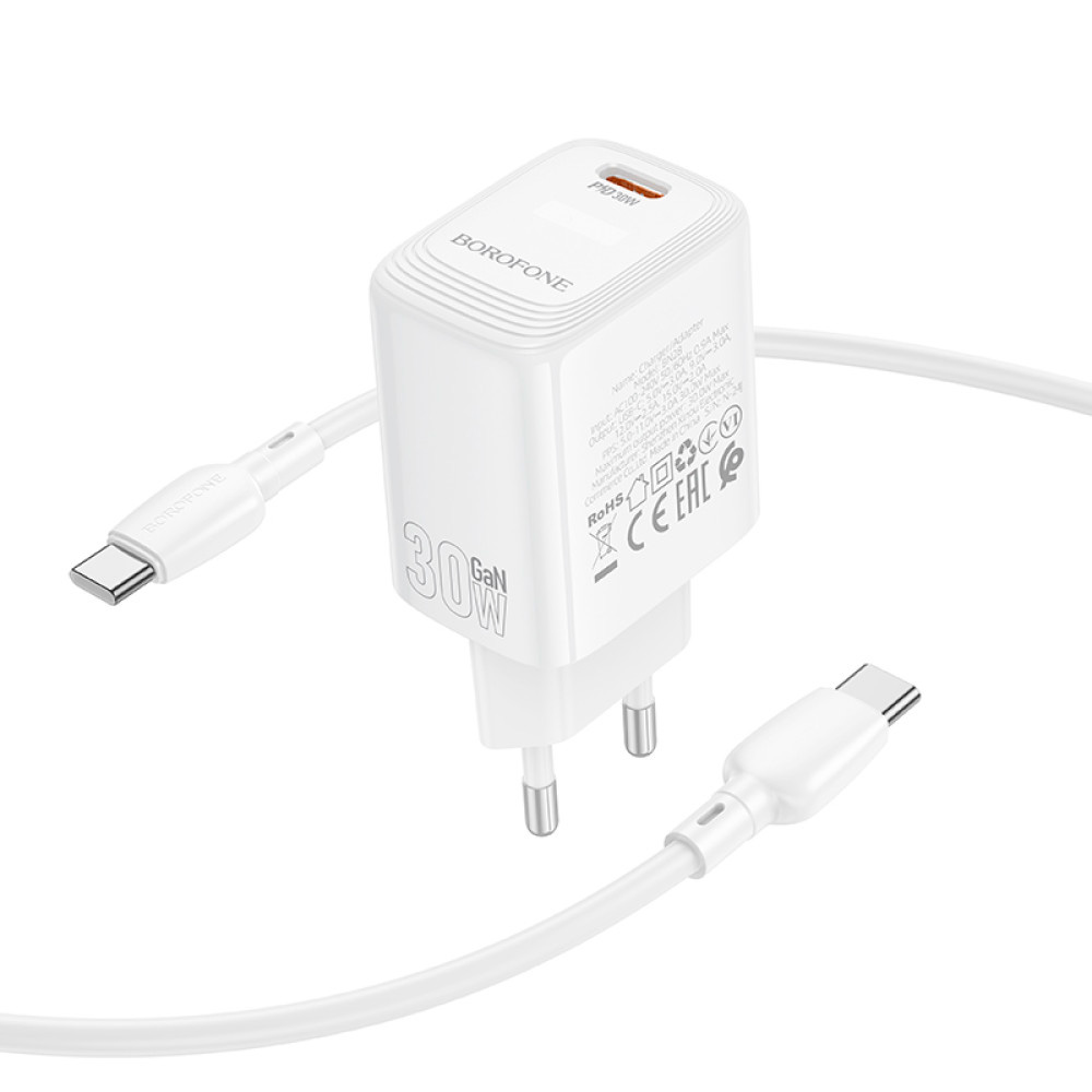 Зарядний пристрій BOROFONE BN28 Fuente GaN 1xUSB-C, PD30W, QC3.0 White w/Type-C cable