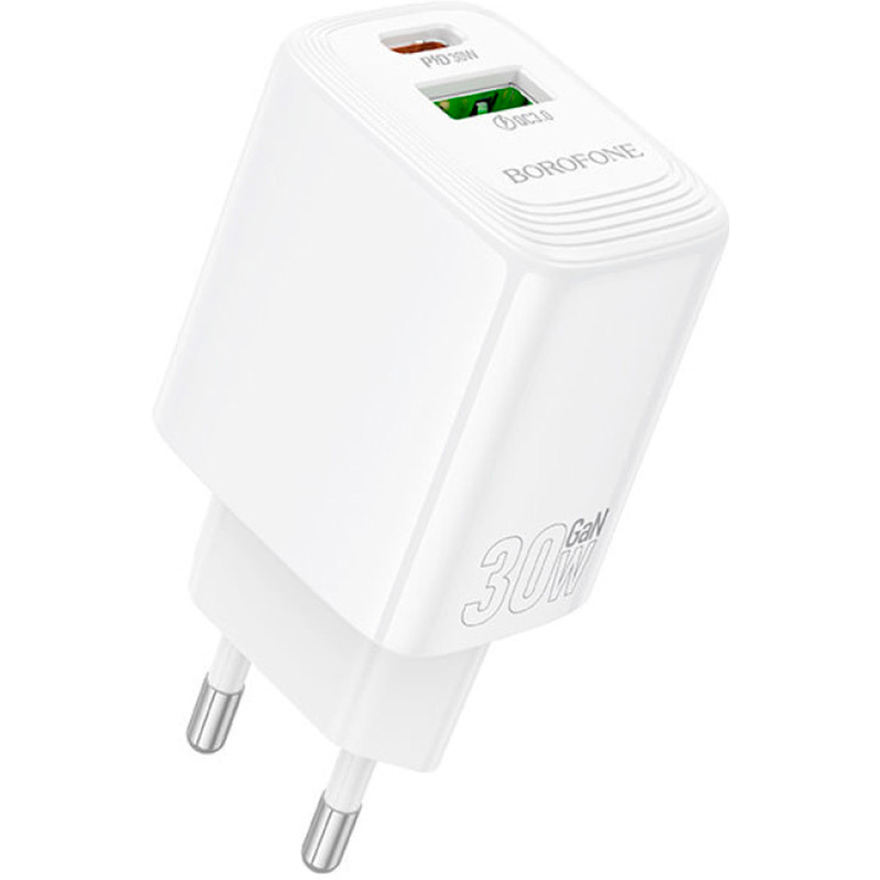 Зарядное устройство BOROFONE BN29 Fuente GaN 1xUSB-C, 1xUSB-A, PD30W, QC3.0 White