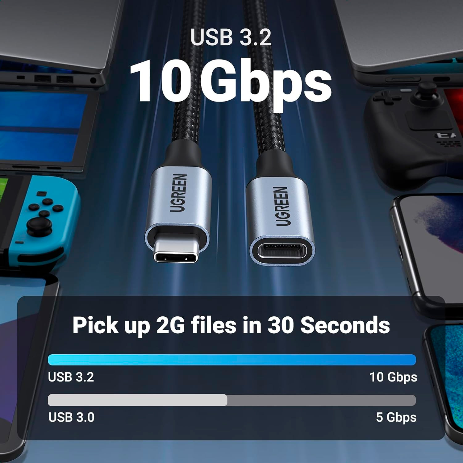 Кабель-подовжувач UGREEN US372 USB-C Male to USB-C Female Gen2 Extension Cable 0.5м Black (80810)