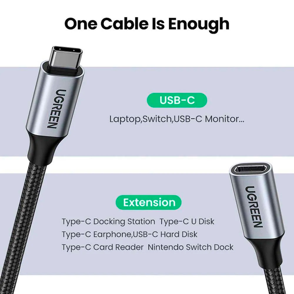 Кабель-подовжувач UGREEN US372 USB-C Male to USB-C Female Gen2 Extension Cable 0.5м Black (80810)