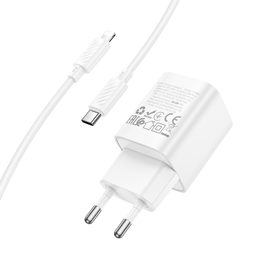 Зарядний пристрій HOCO C148A Charm 1xUSB-C, PD30W, QC3.0 White w/Type-C to Lightning cable (6942007630313)