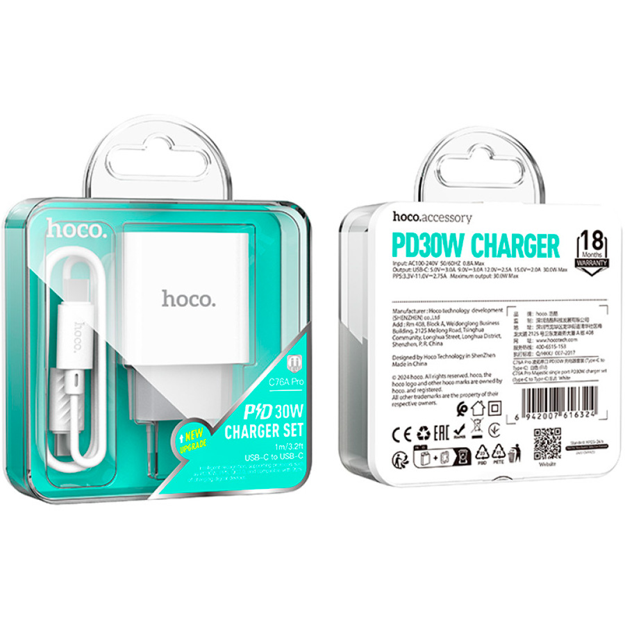 Зарядное устройство HOCO C76A Pro Speed Source 1xUSB-C PD30W White w/Type-C cable (6942007616324)