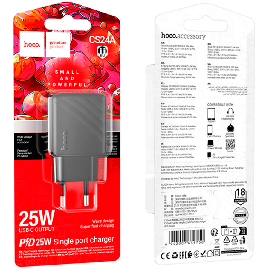Зарядний пристрій HOCO CS24A Puerto 1xUSB-C, PD25W Black (6942007639750)