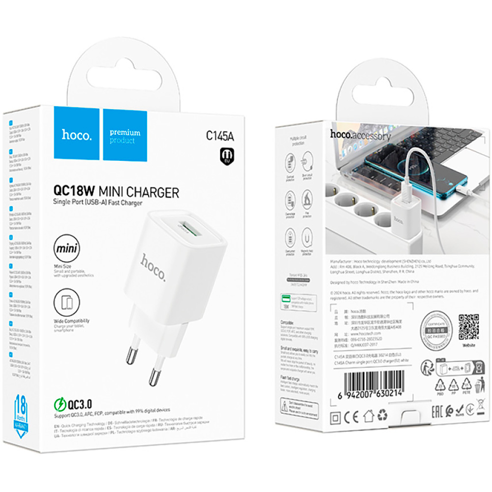 Зарядний пристрій HOCO C145A Charm 1xUSB-C, QC3.0 White (6942007630214)