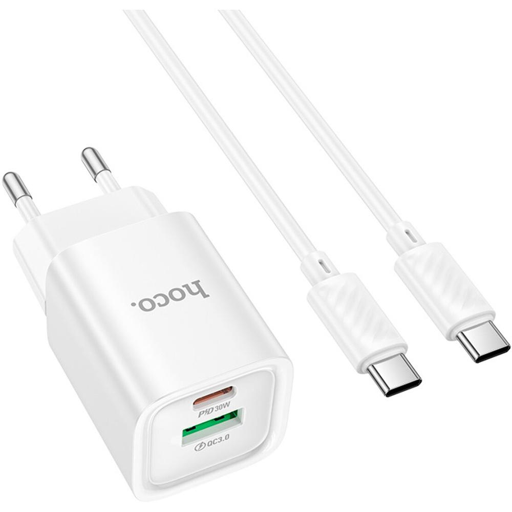Зарядний пристрій HOCO C149A Charm 1xUSB-A, 1xUSB-C, PD30W, QC3.0 White w/Type-C cable (6942007630351)