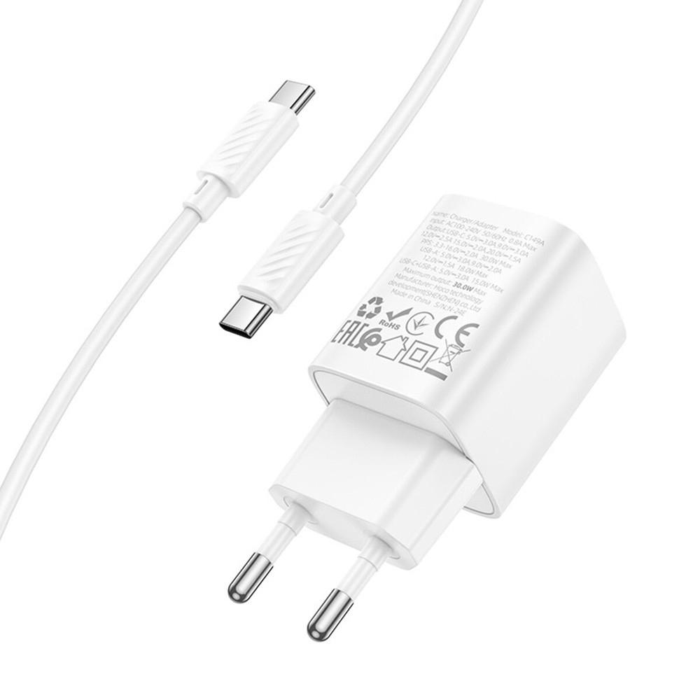 Зарядний пристрій HOCO C149A Charm 1xUSB-A, 1xUSB-C, PD30W, QC3.0 White w/Type-C cable (6942007630351)