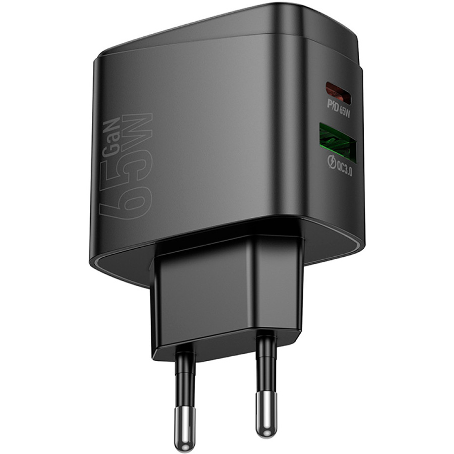 Зарядний пристрій HOCO CS63A Bright GaN 1xUSB-A, 1xUSB-C, PD65W, QC3.0 Black (6942007638470)