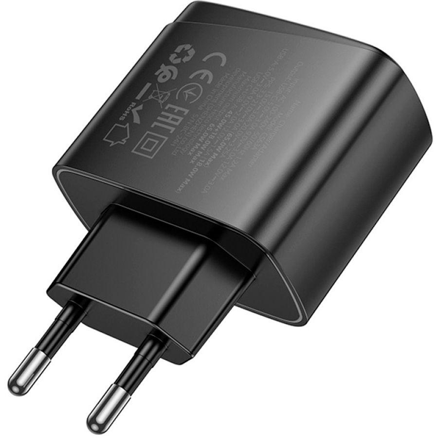 Зарядний пристрій HOCO CS63A Bright GaN 1xUSB-A, 1xUSB-C, PD65W, QC3.0 Black (6942007638470)