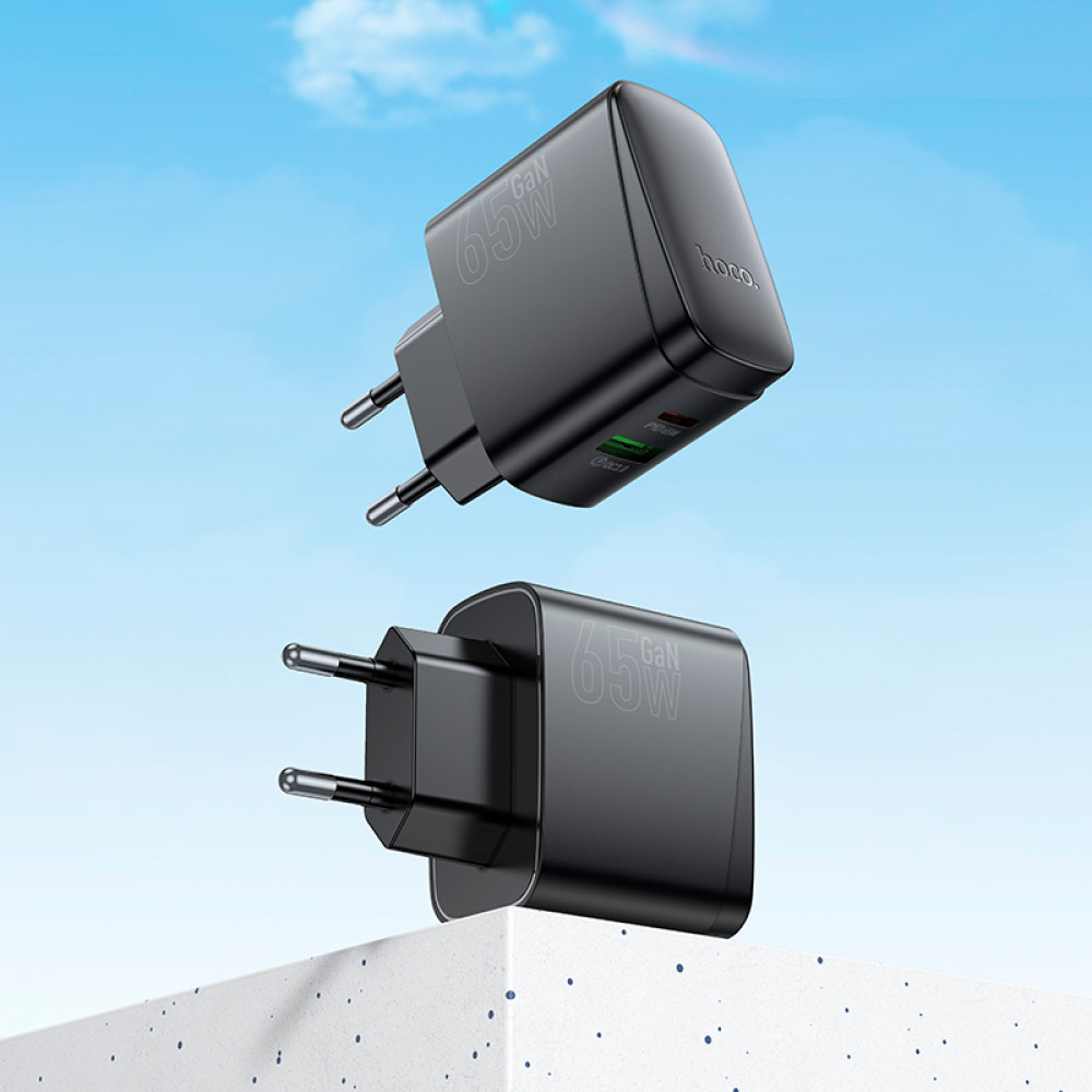 Зарядний пристрій HOCO CS63A Bright GaN 1xUSB-A, 1xUSB-C, PD65W, QC3.0 Black (6942007638470)