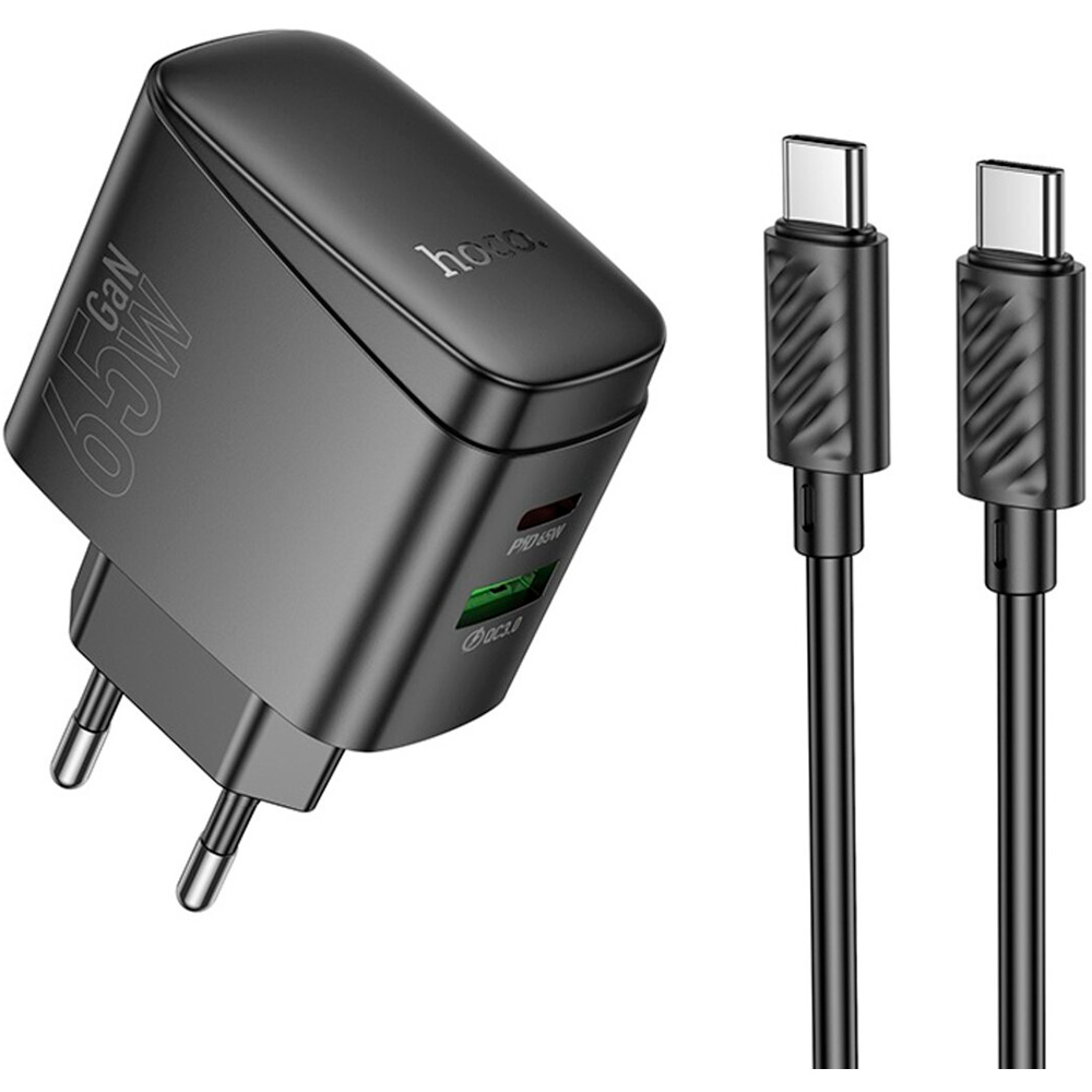 Зарядний пристрій HOCO CS63A Bright GaN 1xUSB-A, 1xUSB-C, PD65W, QC3.0 Black w/Type-C cable (6942007638487)
