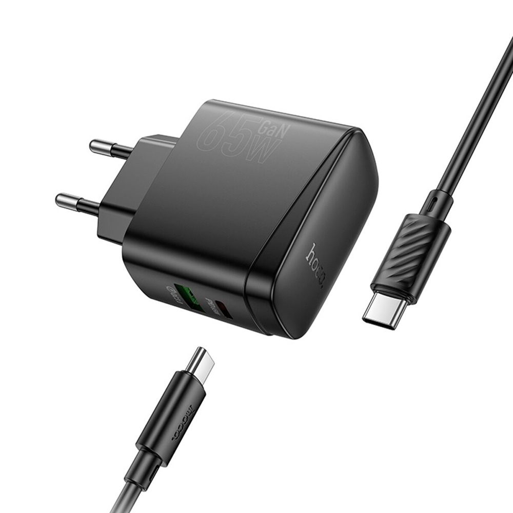 Зарядний пристрій HOCO CS63A Bright GaN 1xUSB-A, 1xUSB-C, PD65W, QC3.0 Black w/Type-C cable (6942007638487)