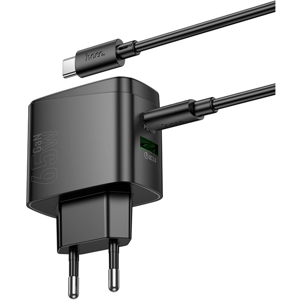 Зарядний пристрій HOCO CS63A Bright GaN 1xUSB-A, 1xUSB-C, PD65W, QC3.0 Black w/Type-C cable (6942007638487)