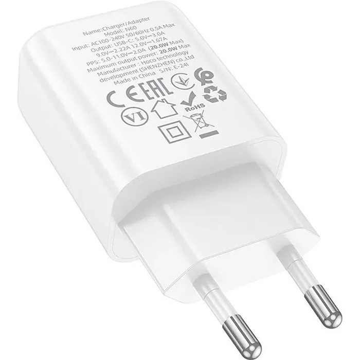 Зарядний пристрій HOCO N60 Gentle GaN 1xUSB-C, PD20W White (6942007644181)