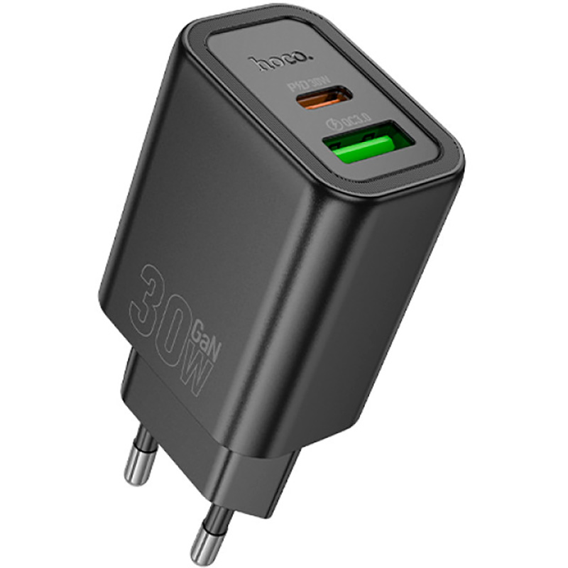 Зарядний пристрій HOCO N63 Gentle GaN 1xUSB-A, 1xUSB-C, PD30W, QC3.0 Black (6942007644358)