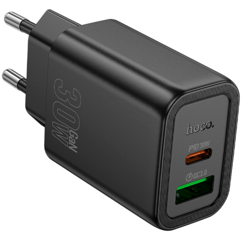 Зарядний пристрій HOCO N63 Gentle GaN 1xUSB-A, 1xUSB-C, PD30W, QC3.0 Black (6942007644358)