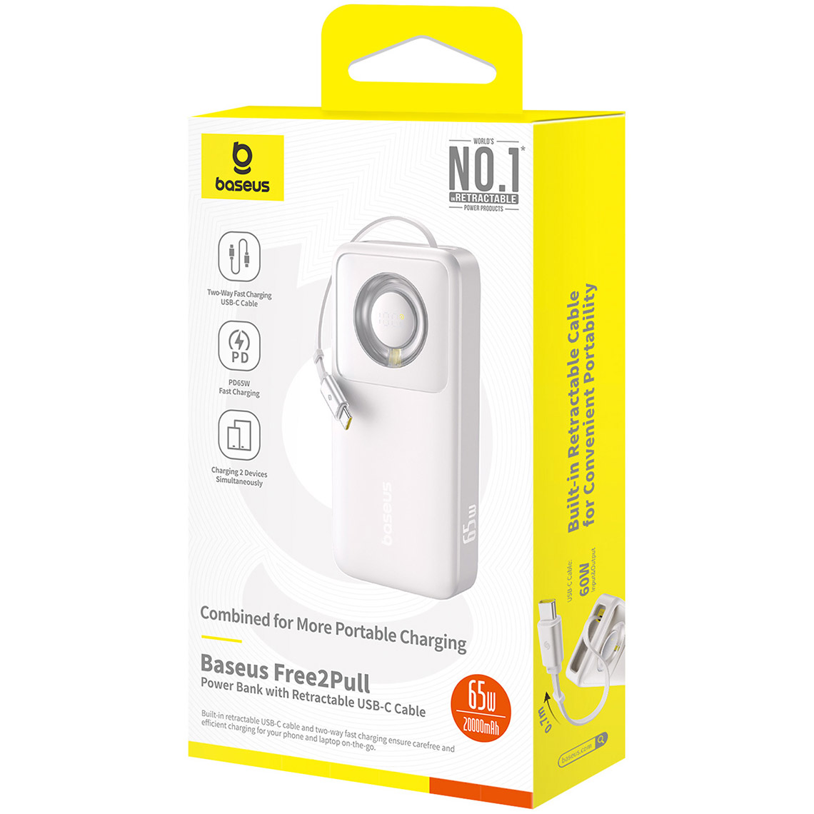 Повербанк BASEUS Free2Pull Power Bank with Retractable USB-C Cable 65W 20000mAh Lunar Gray (P10073700843-00)