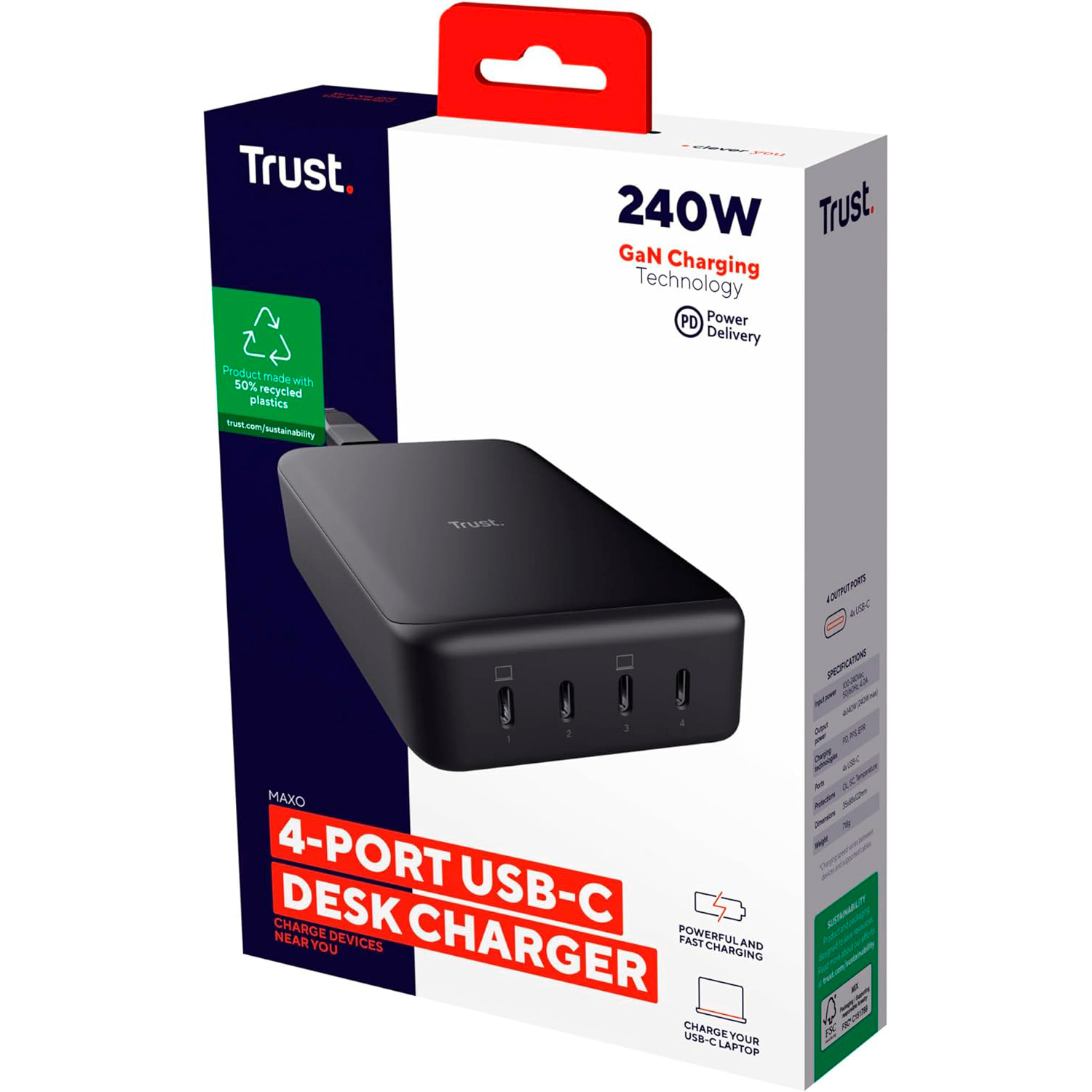Зарядний пристрій TRUST Maxo 240W GaN 4xUSB-C, PD3.0 Desk Charger Black (25413)