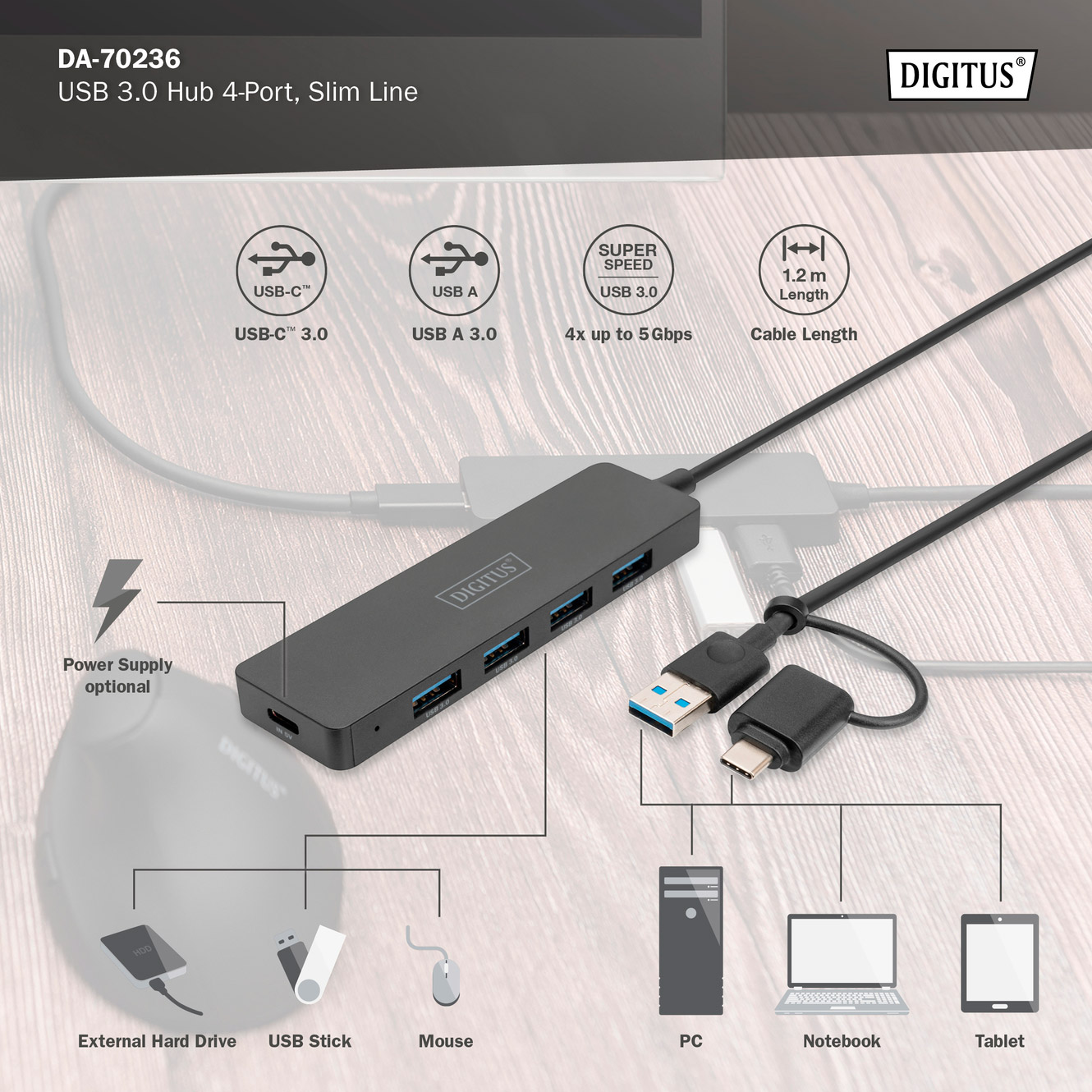 USB-хаб DIGITUS USB-A/C 4-port Hub Slim Line (DA-70236)