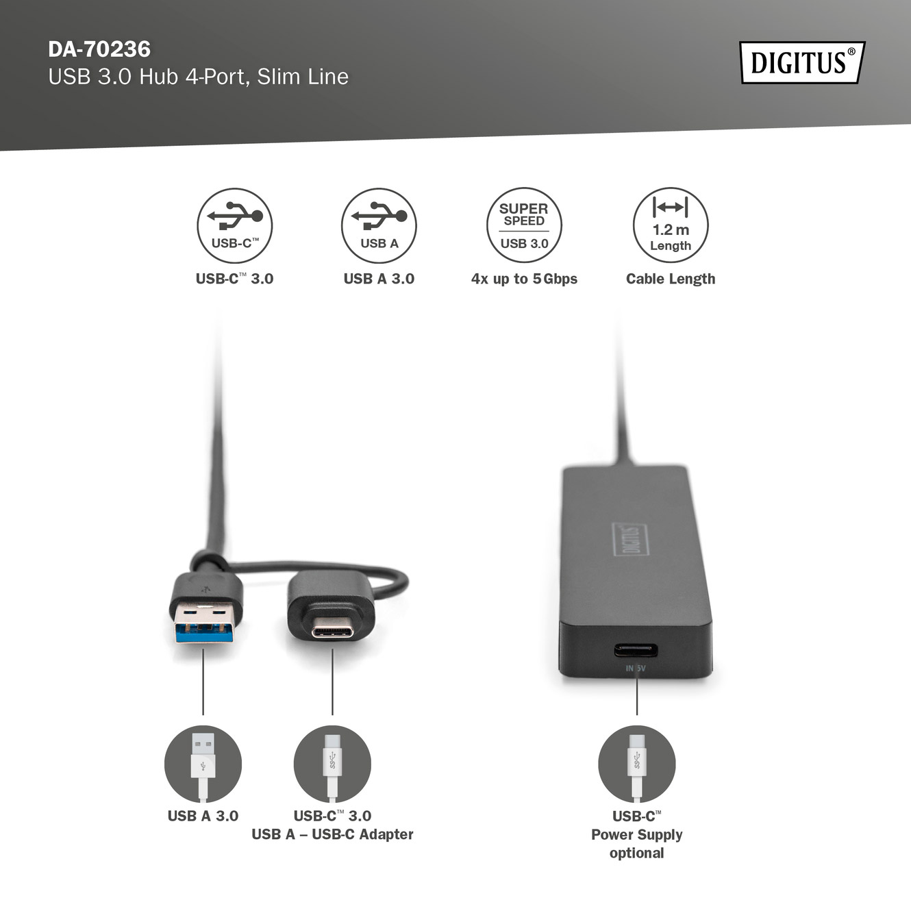 USB-хаб DIGITUS USB-A/C 4-port Hub Slim Line (DA-70236)