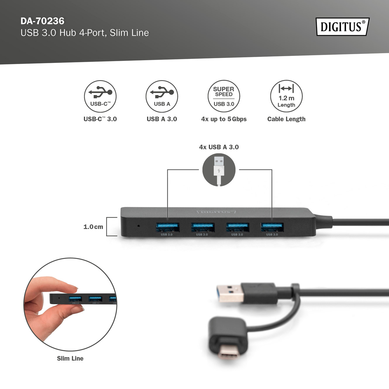 USB-хаб DIGITUS USB-A/C 4-port Hub Slim Line (DA-70236)