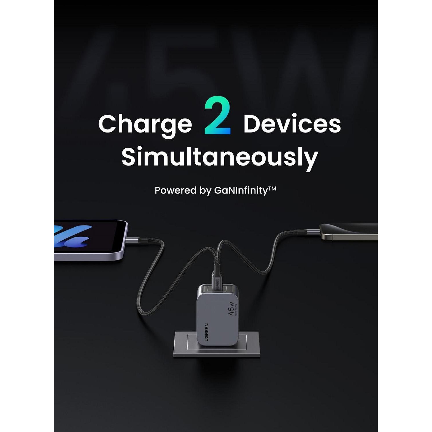 Зарядний пристрій UGREEN X707 Nexode Pro GaN 45W 2xUSB-C, QC3.0, PD3.0 Wall Charger Gray (35008)