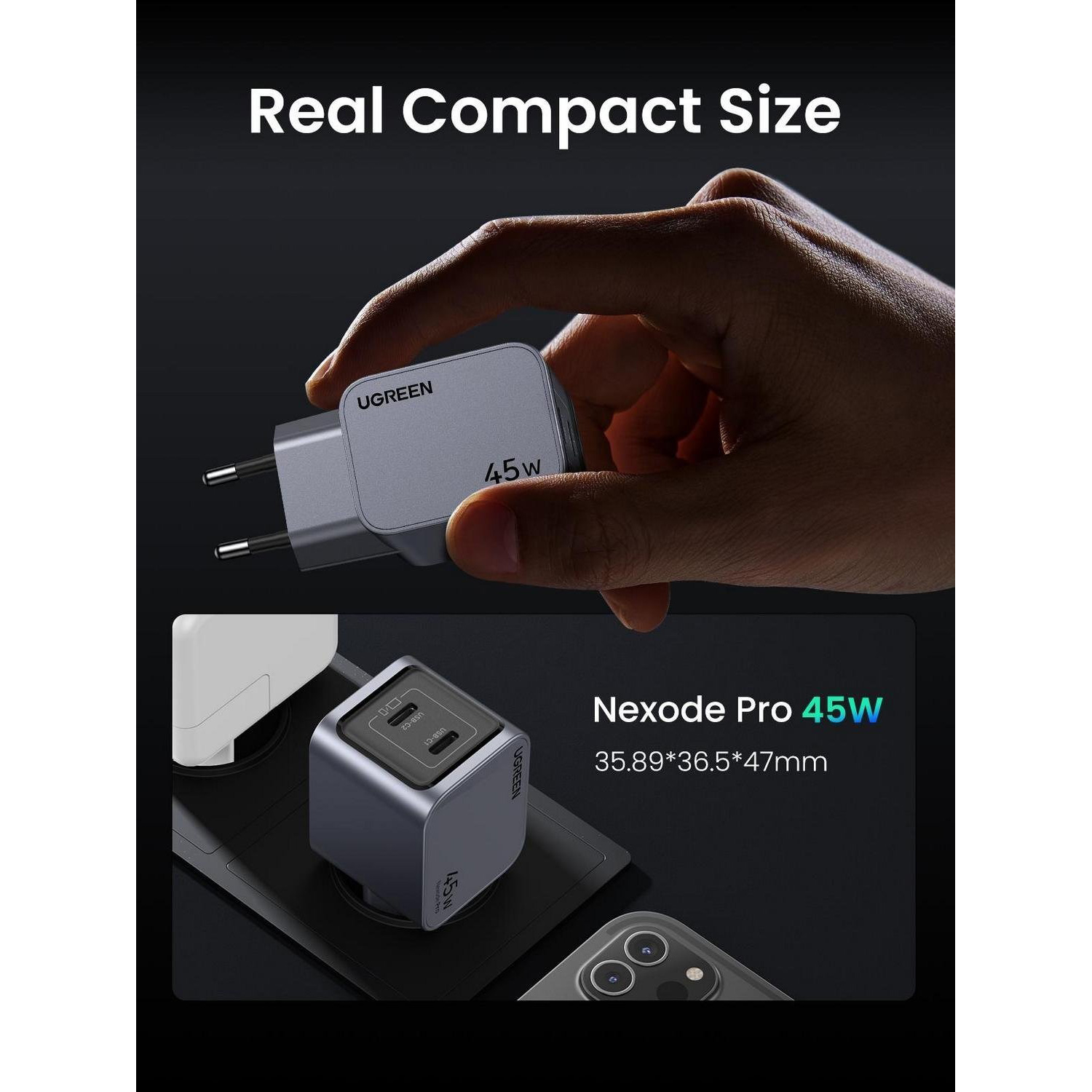 Зарядний пристрій UGREEN X707 Nexode Pro GaN 45W 2xUSB-C, QC3.0, PD3.0 Wall Charger Gray (35008)