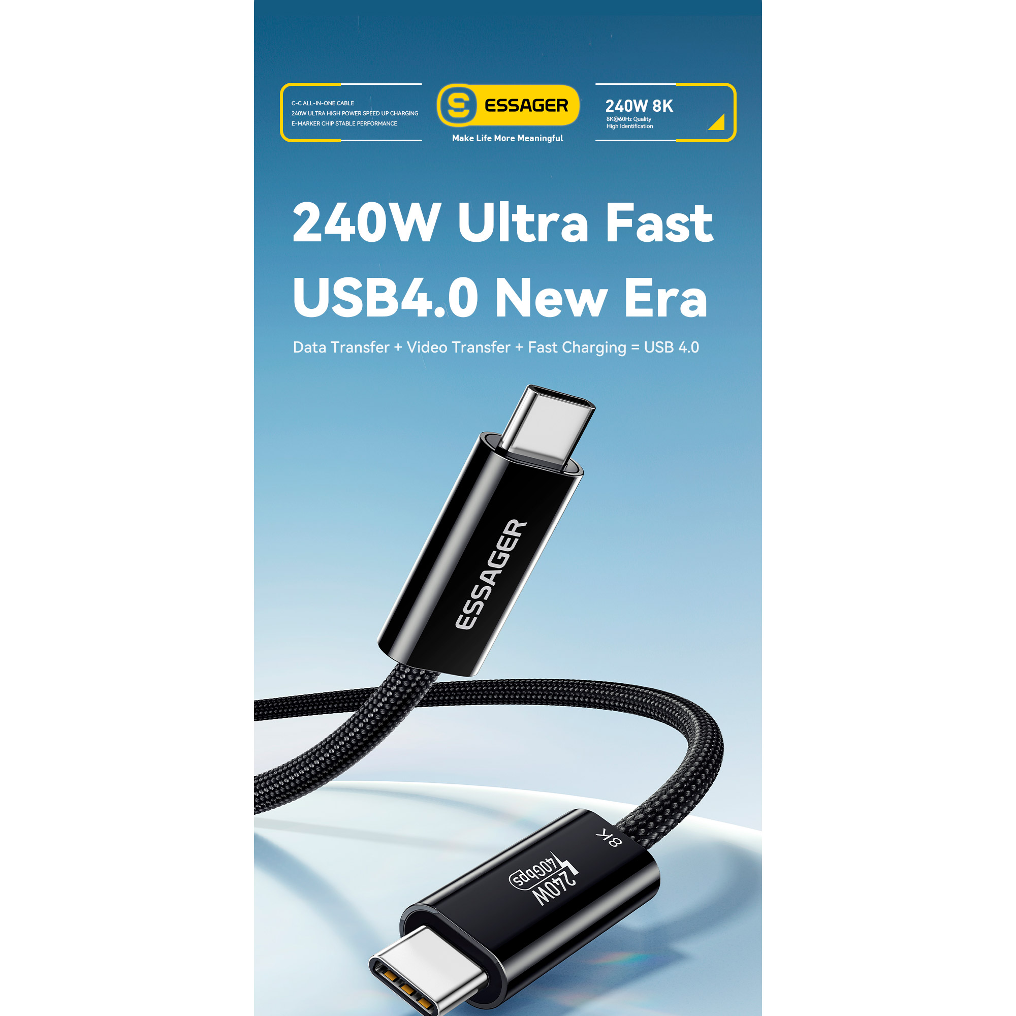 Кабель ESSAGER PD240W Type-C Fast Charging Cable USB4.0 1м Black (EXCTT4-PL01-P)