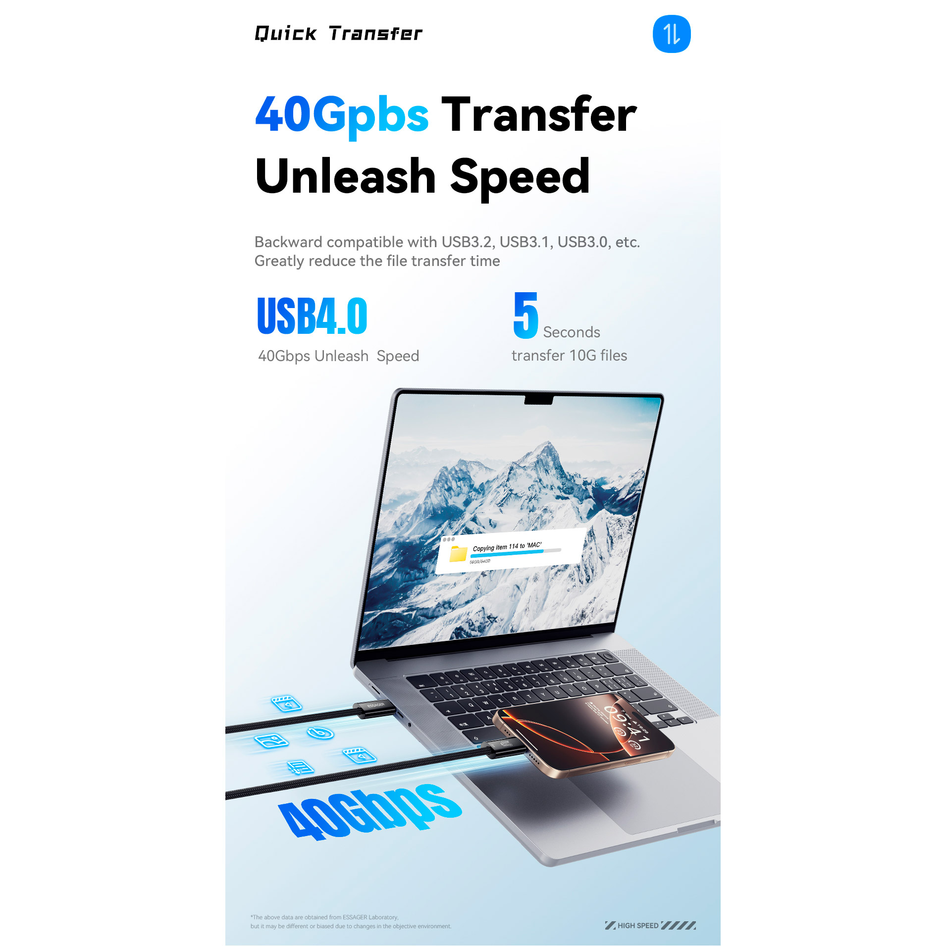 Кабель ESSAGER PD240W Type-C Fast Charging Cable USB4.0 1м Black (EXCTT4-PL01-P)