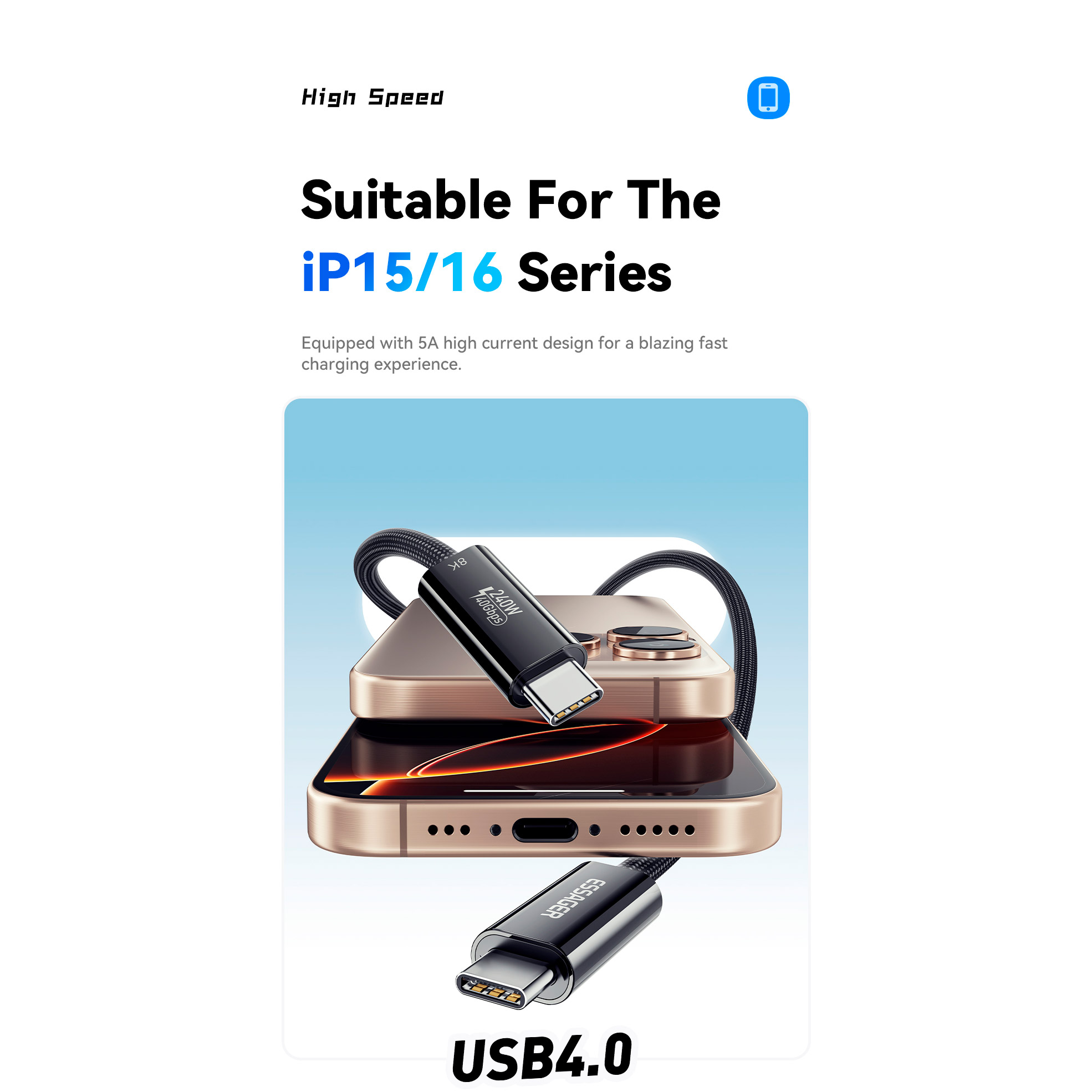 Кабель ESSAGER PD240W Type-C Fast Charging Cable USB4.0 1м Black (EXCTT4-PL01-P)