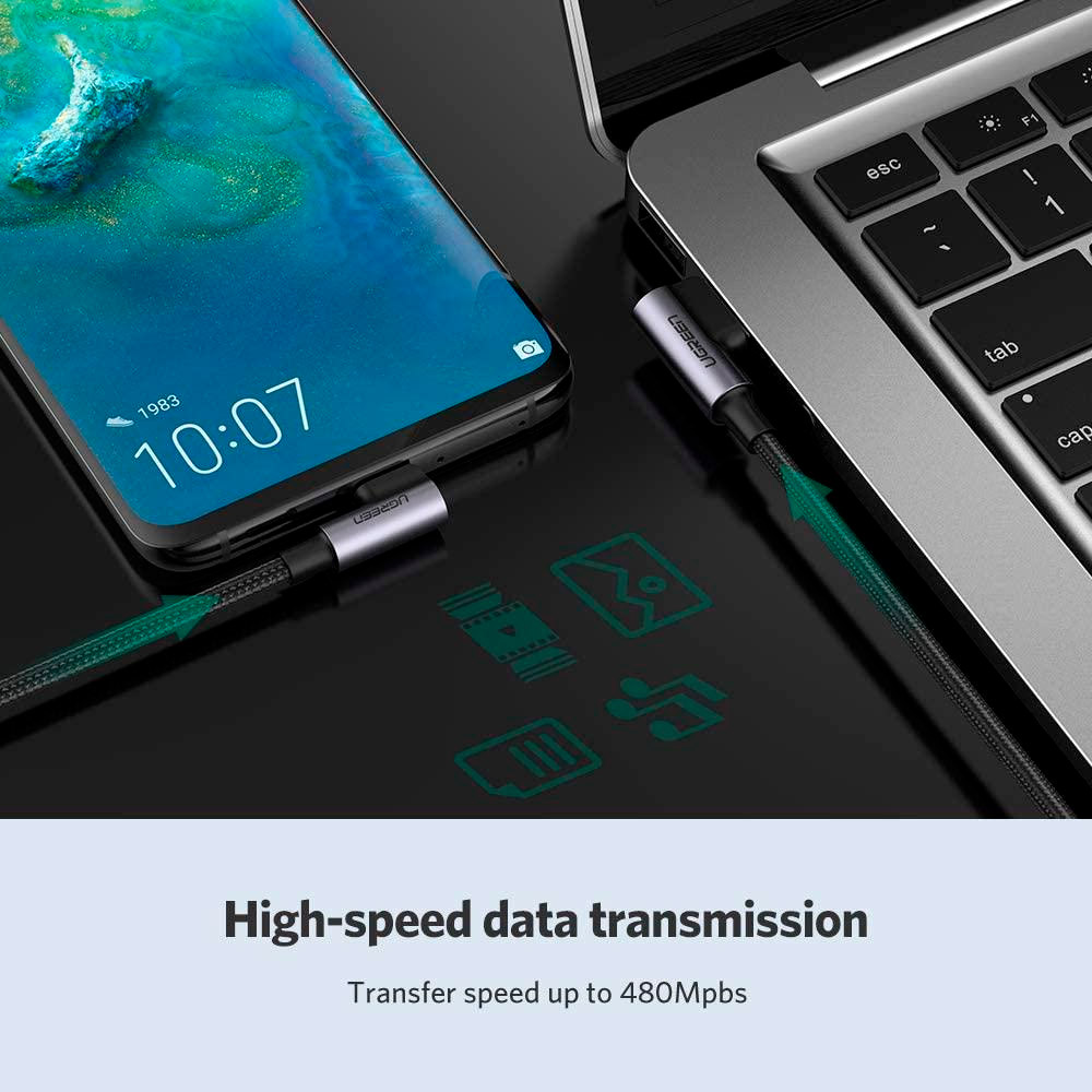 Кабель UGREEN US176 Angled USB 2.0 to Angled USB Type-C Cable Nickel Plating Aluminum Shell 3A 3м Black (70875)