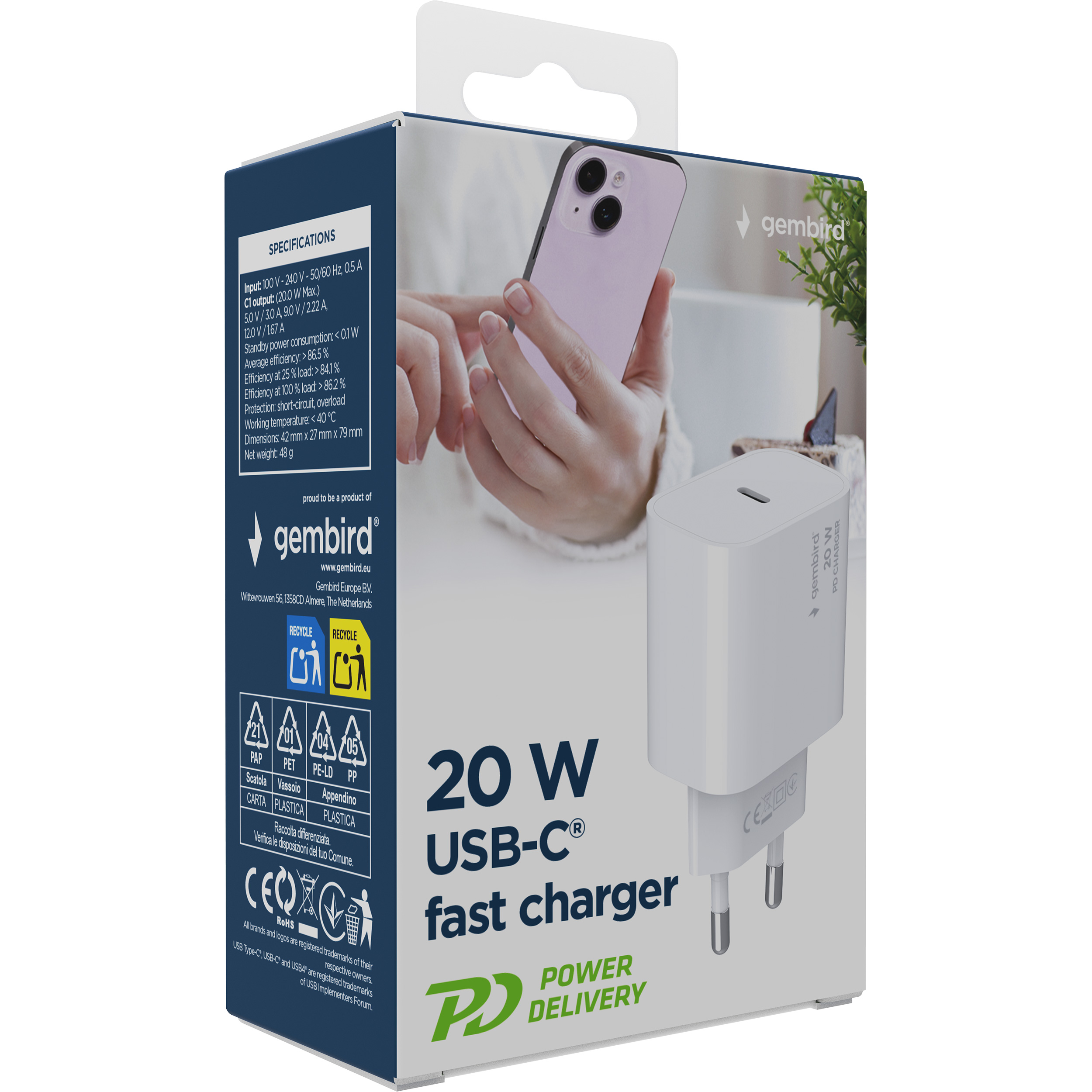 Зарядное устройство GEMBIRD 1xUSB-C, PD 20W White (TA-UC-PD20-01-W)