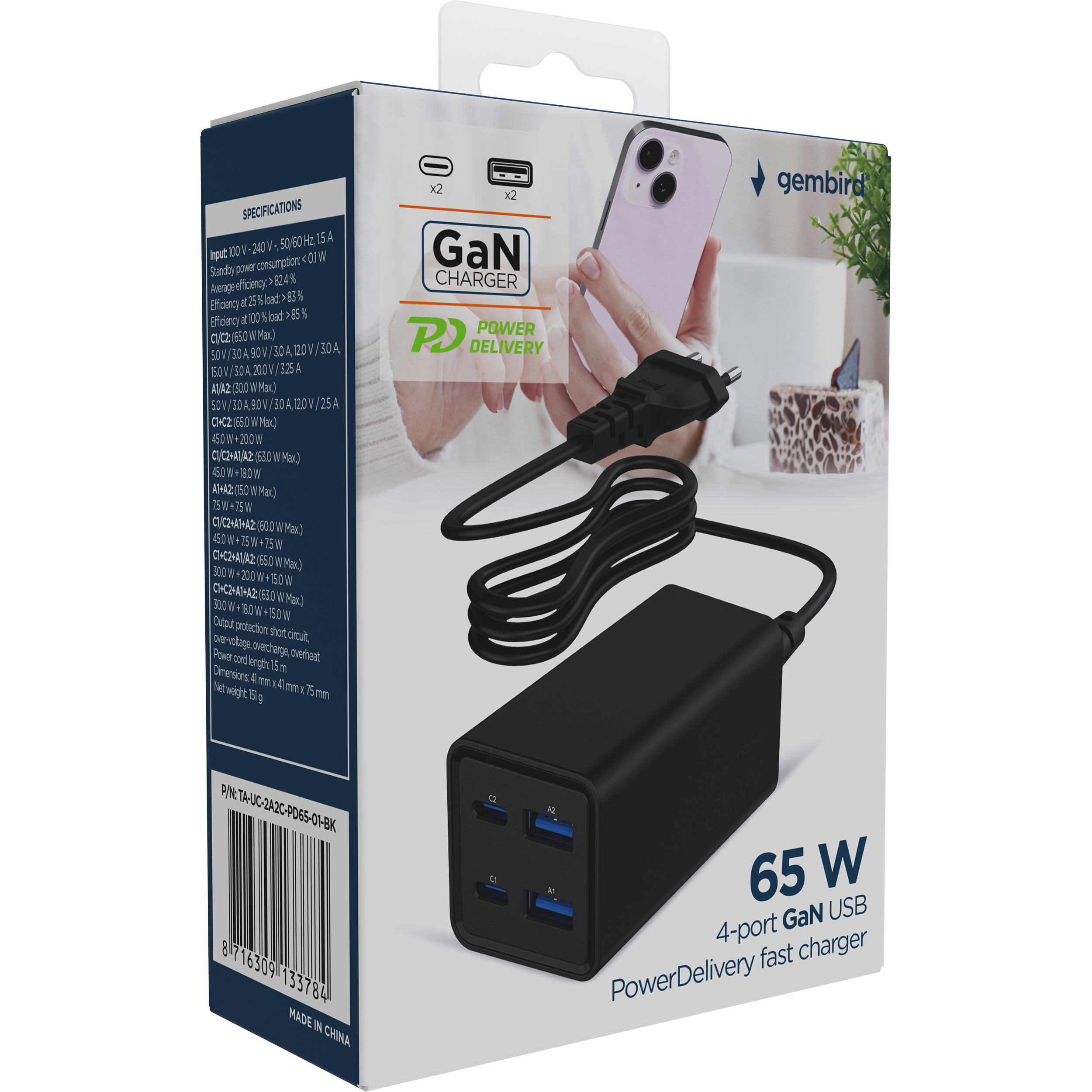 Зарядний пристрій GEMBIRD 2xUSB-A, 2xUSB-C, PD+QC3.0, GaN 65W Black (TA-UC-2A2C-PD65-01-BK)