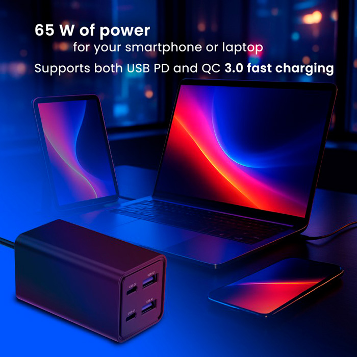 Зарядний пристрій GEMBIRD 2xUSB-A, 2xUSB-C, PD+QC3.0, GaN 65W Black (TA-UC-2A2C-PD65-01-BK)