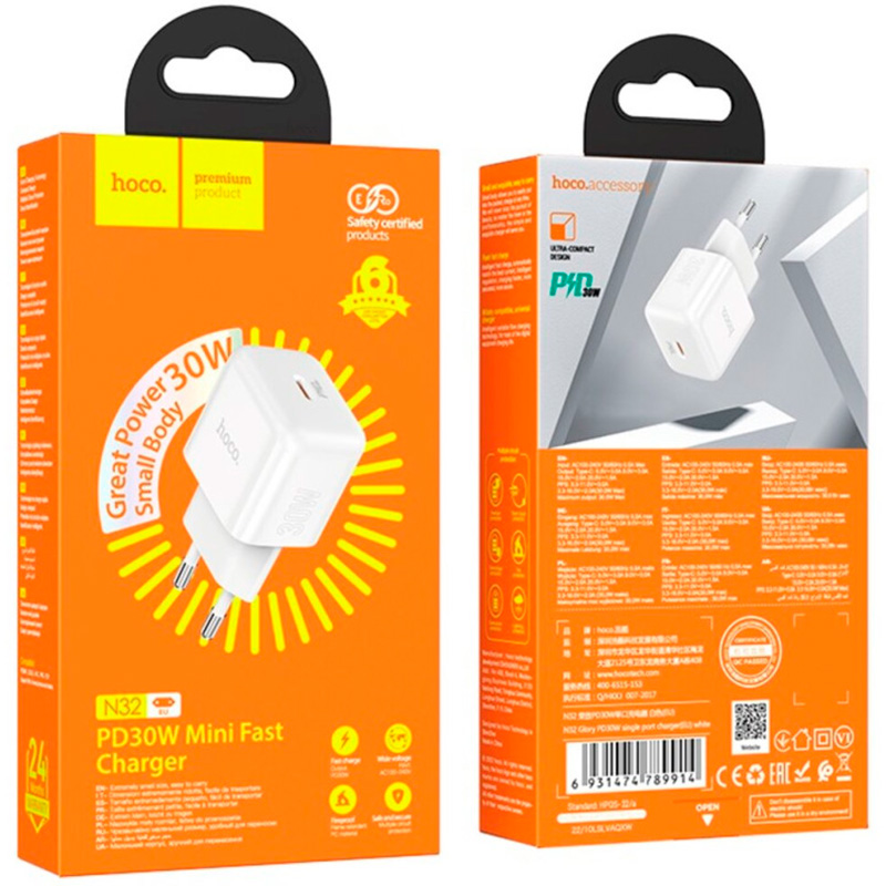 Зарядний пристрій HOCO N32 Glory 1xUSB-C, PD30W, QC3.0 White (6931474789914)