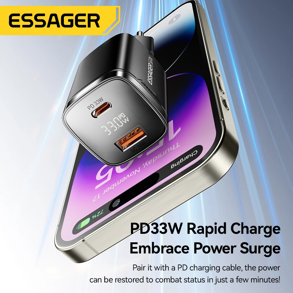 Зарядний пристрій ESSAGER Gamet 1xUSB-A, 1xUSB-C, PD3.0, QC4.0, GaN Black (ECT33W-GMB01-Z)