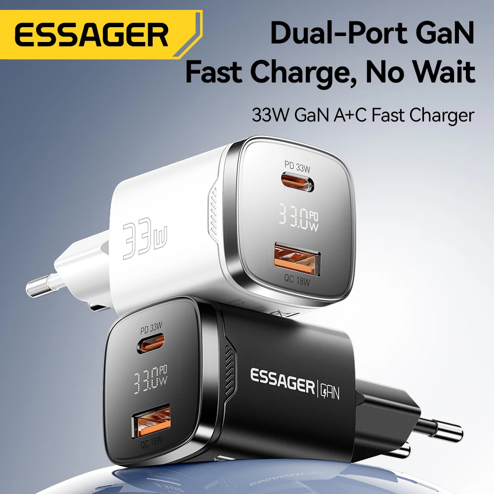 Зарядний пристрій ESSAGER Gamet 1xUSB-A, 1xUSB-C, PD3.0, QC4.0, GaN Black (ECT33W-GMB01-Z)