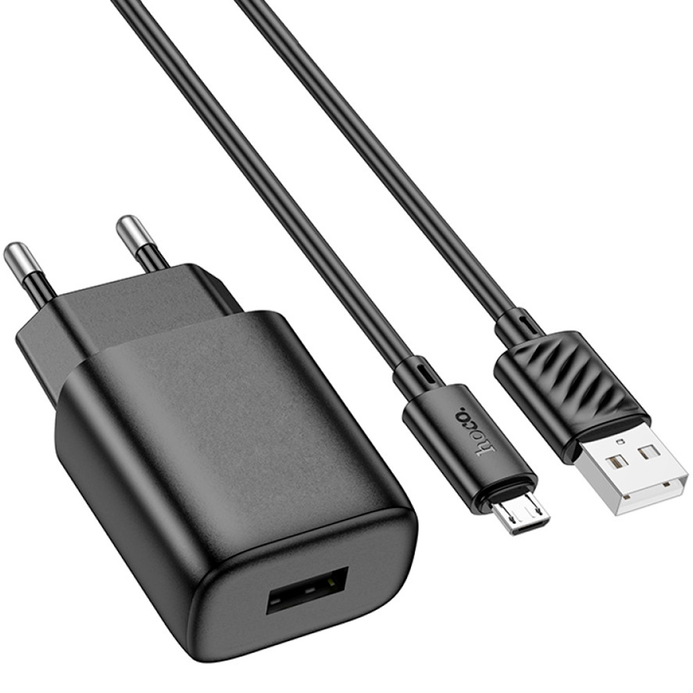Зарядное устройство HOCO C134A Solid 1xUSB-A, 12W Black w/Micro-USB cable (6942007621335)