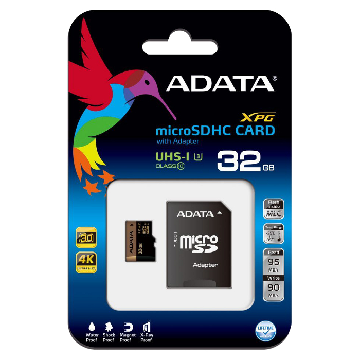 Карта памяти ADATA microSDHC XPG 32GB UHS-I U3 Class 10 + SD-adapter (AUSDH32GXUI3-RA1)
