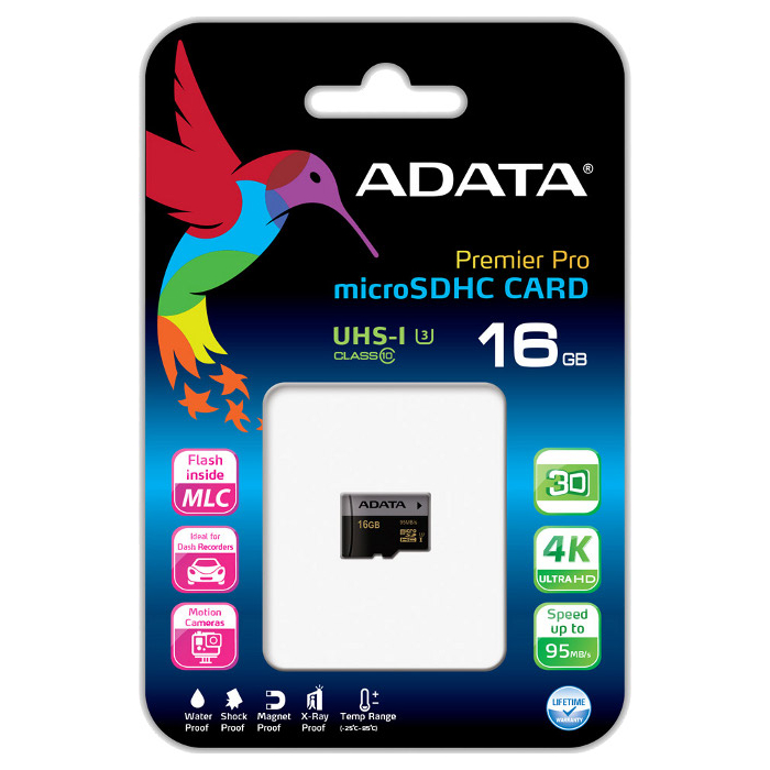 Карта пам'яті ADATA microSDHC Premier Pro 16GB UHS-I U3 Class 10 (AUSDH16GUI3CL10-R)