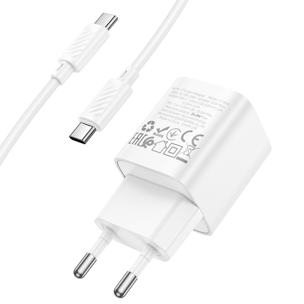 Зарядний пристрій HOCO C146A Charm 1xUSB-C, PD20W, QC3.0 White w/Type-C cable (6942007630269)