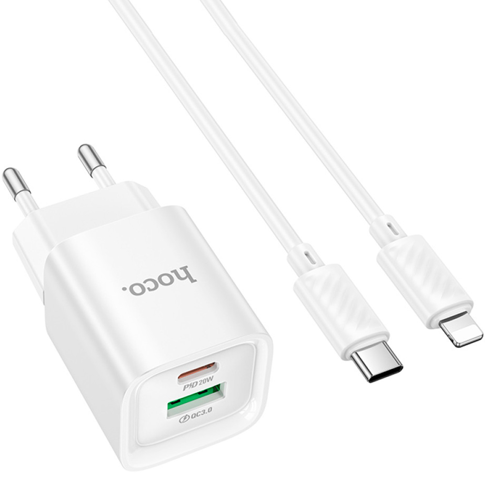 Зарядний пристрій HOCO C147A Charm 1xUSB-A, 1xUSB-C, PD30W, QC3.0 White w/Type-C to Lightning cable (6942007630283)