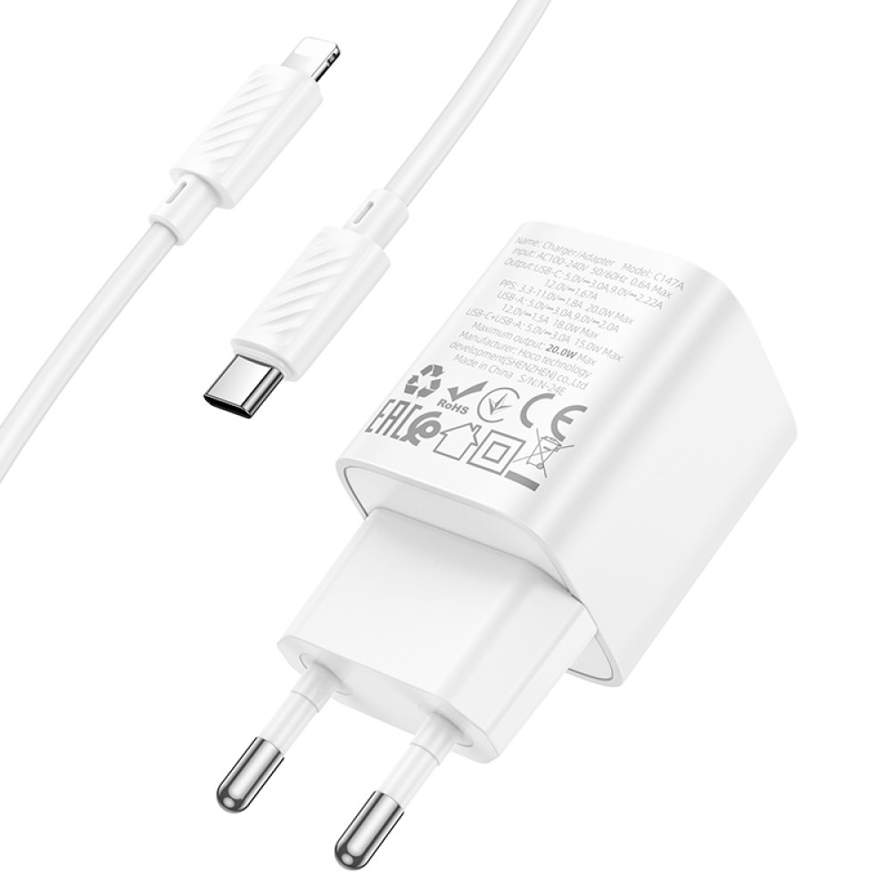 Зарядний пристрій HOCO C147A Charm 1xUSB-A, 1xUSB-C, PD30W, QC3.0 White w/Type-C to Lightning cable (6942007630283)