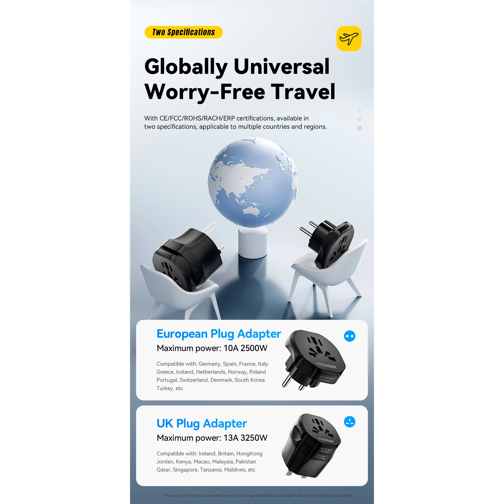 Перехідник мережевий ESSAGER Global Universal Adapter UK Male to EU Female Black