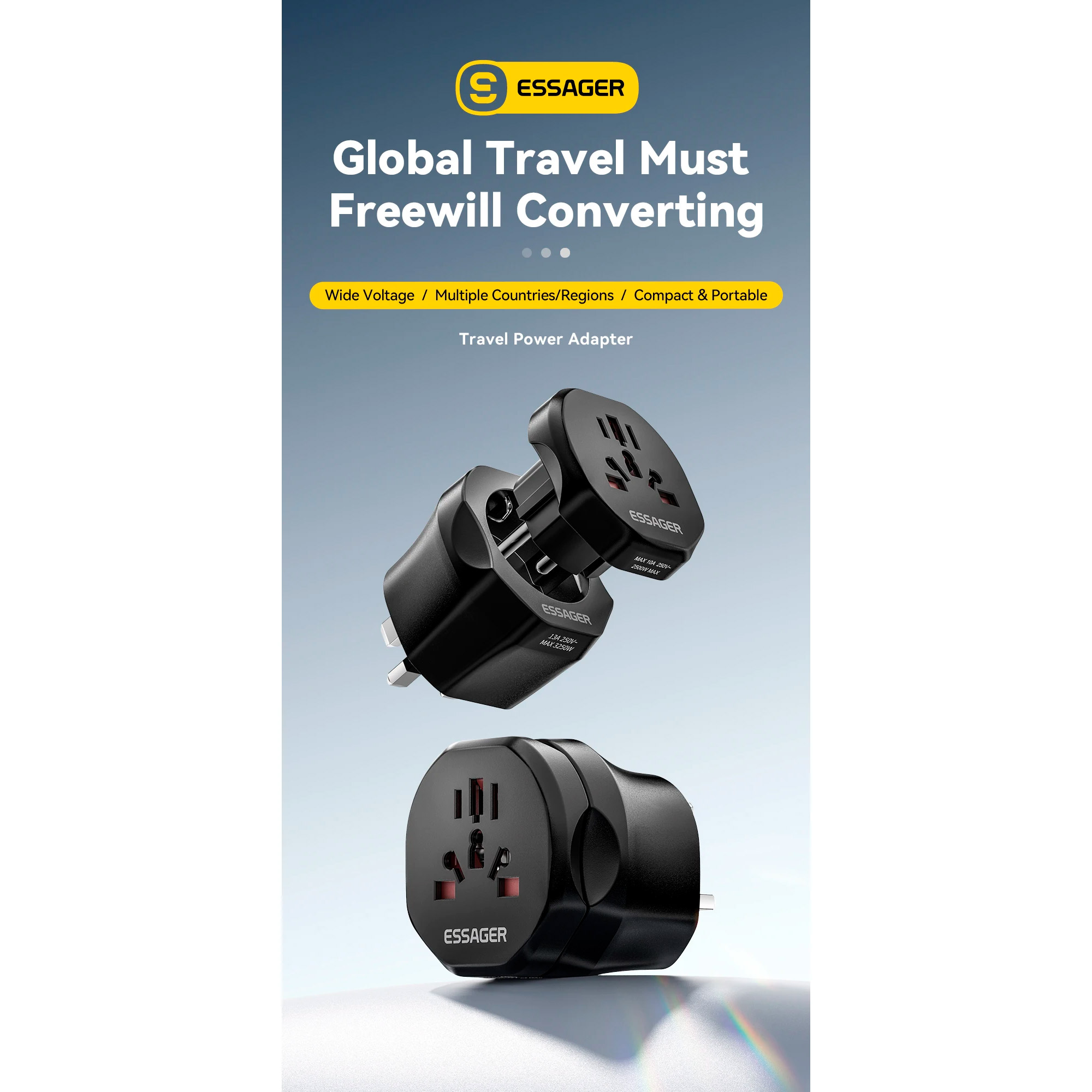 Універсальний дорожній перехідник ESSAGER Global Universal Adapter EU Male to World Female Black