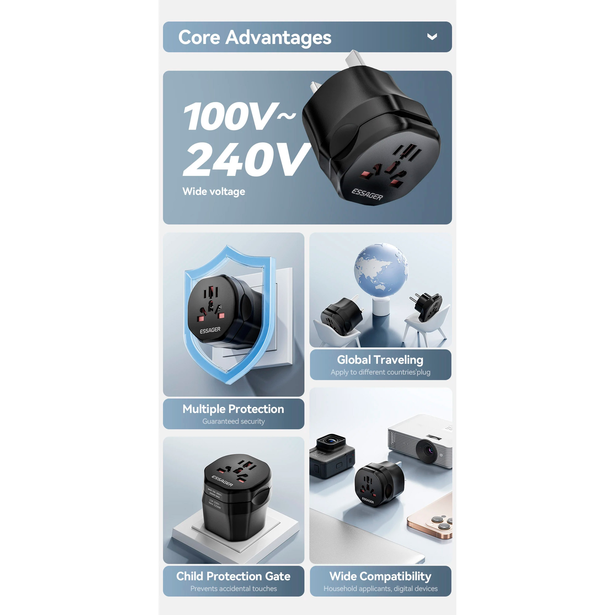 Універсальний дорожній перехідник ESSAGER Global Universal Adapter EU Male to World Female Black