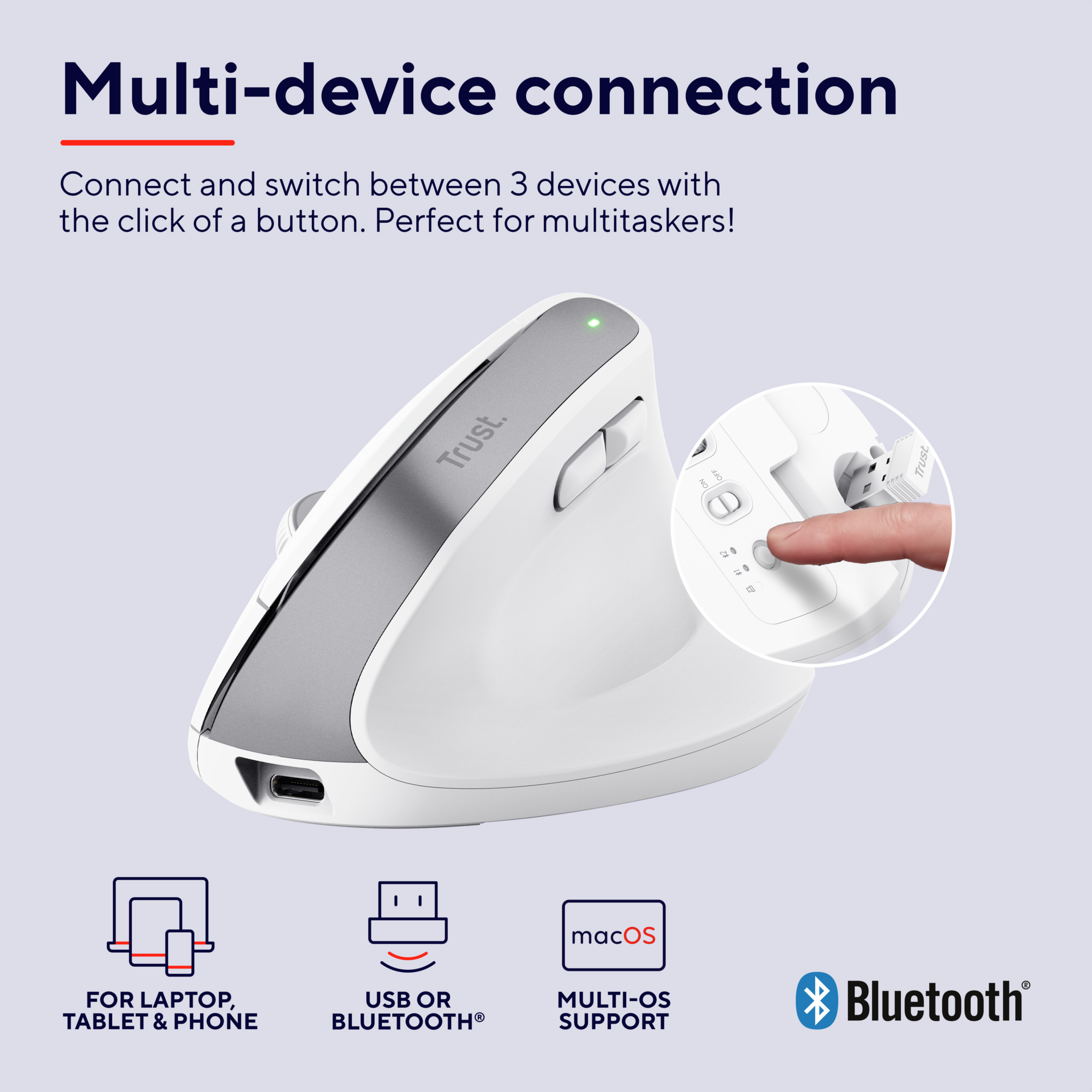 Вертикальна миша TRUST Bayo+ Multidevice Ergonomic Wireless White (25399)